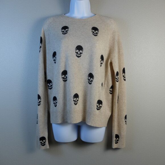 AQUA Skull Print Crewneck Cashmere Sweater in Sand Color Size Small NWT - Picture 1 of 9